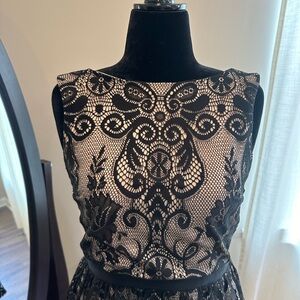 Black lace cocktail dress with V back.